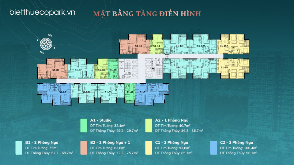 Mặt bằng tầng điển hình 2 toà chung cư Sky Oasis S1-S2