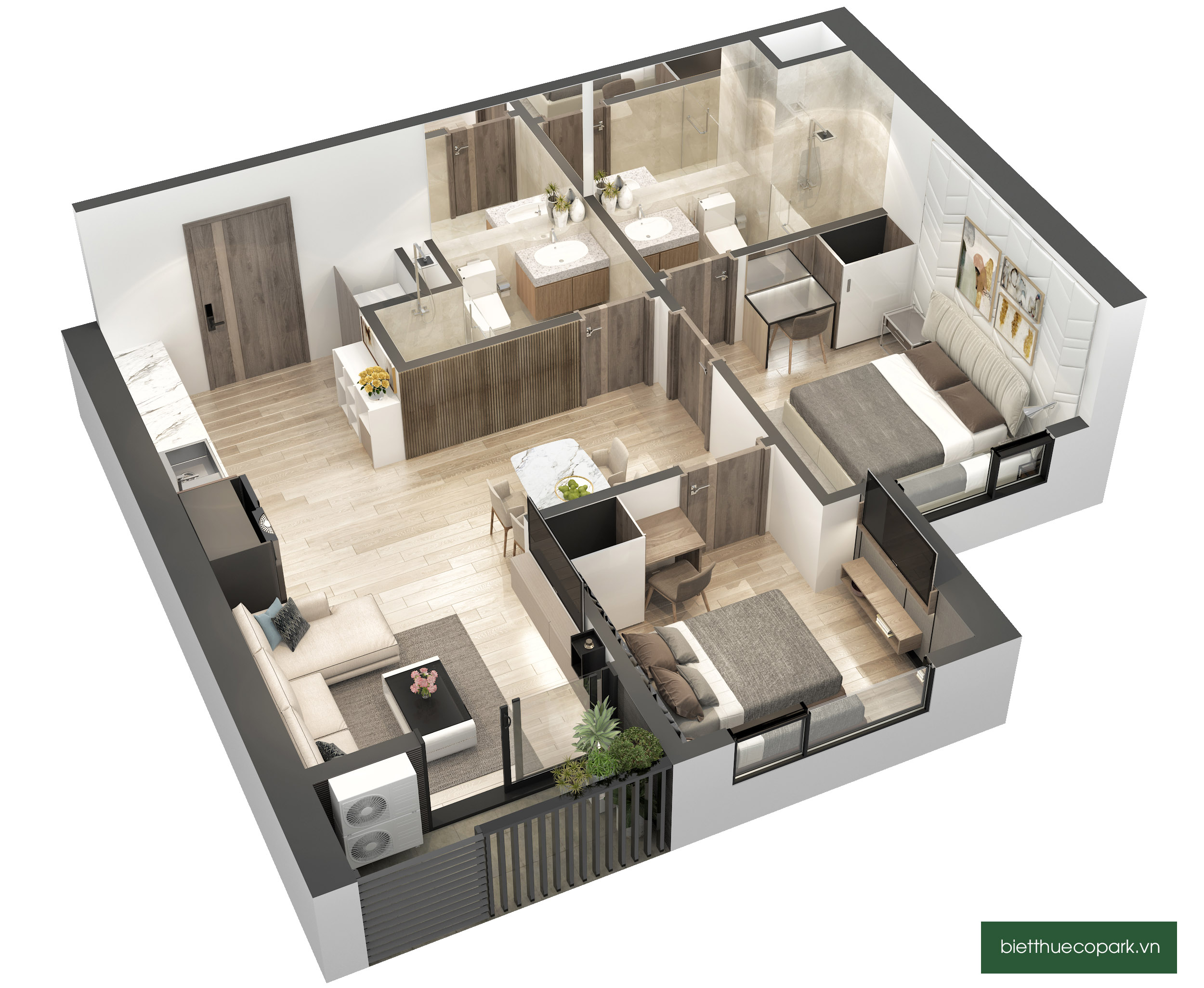Hình ảnh bóc mái căn hộ 2 PN 2 WC chung cư S3 Sky Oasis Ecopark