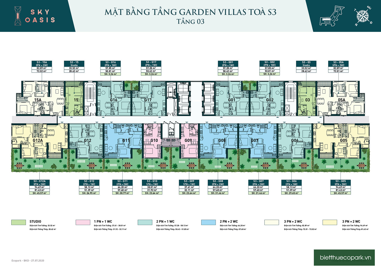 Mặt bằng tầng 3 Garden Villas chung cư S3 Sky Oasis Ecopark