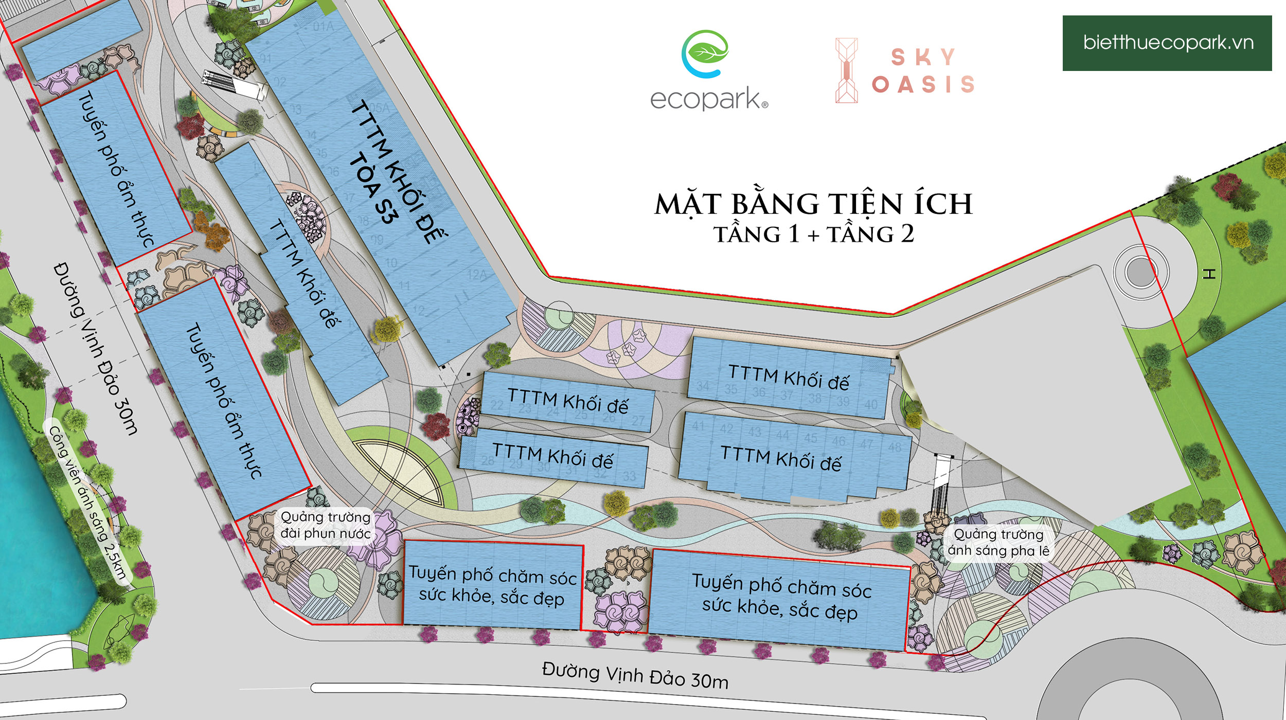 Mặt bằng tiện ích tầng 1-2 chung cư S3 Sky Oasis Ecopark