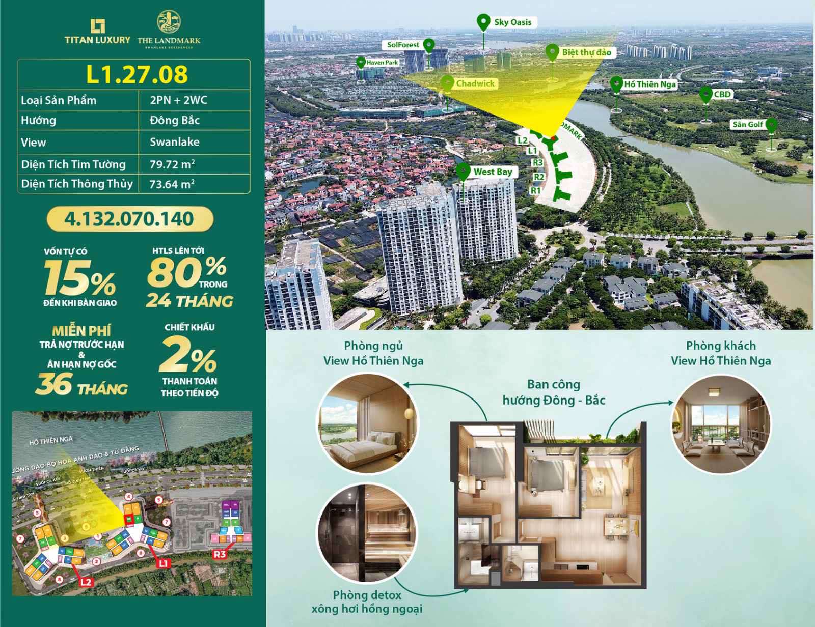 Bán căn hộ chung cư The Land Mark Ecopark 79,72m2, 2PN+2WC chiết khấu tới 2%